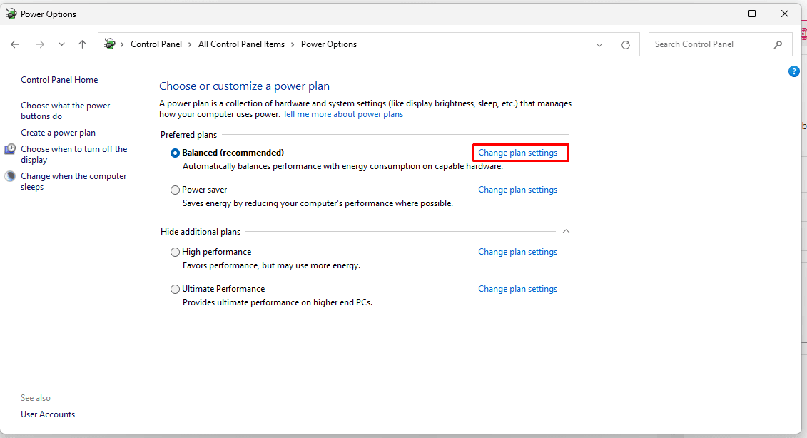 click change plan settings for your power plan
