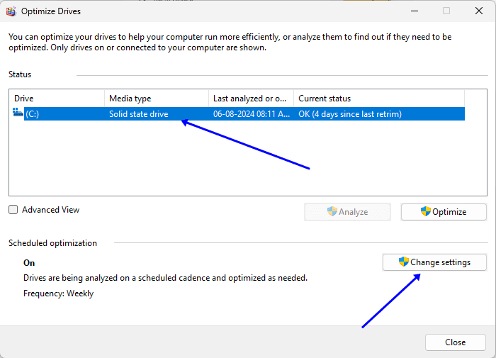 Click change settings for your SSD