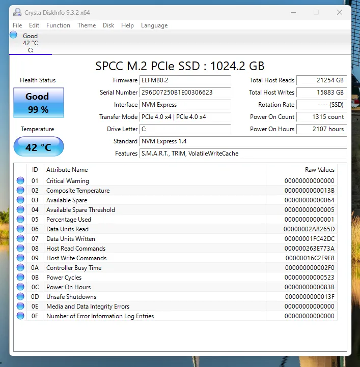 CrystalDiskInfo ssd health status