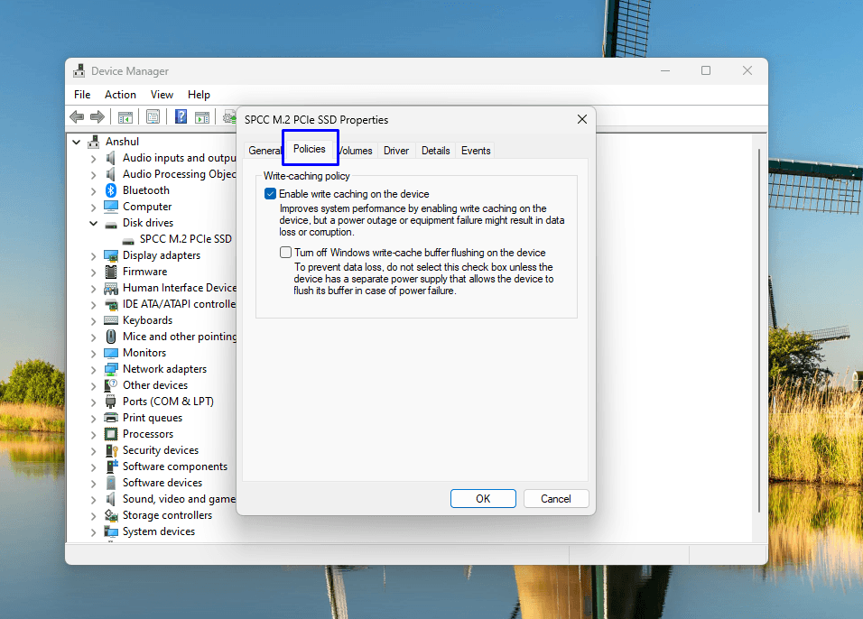enable write cache in policies tab