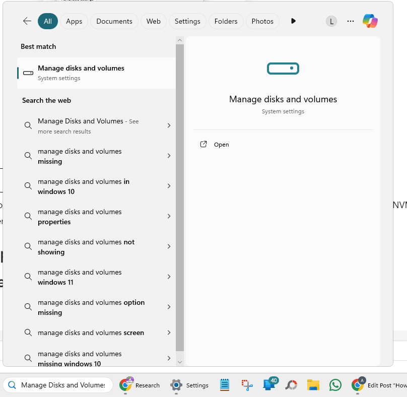 Open Manage Disks and Volumes in Windows 11