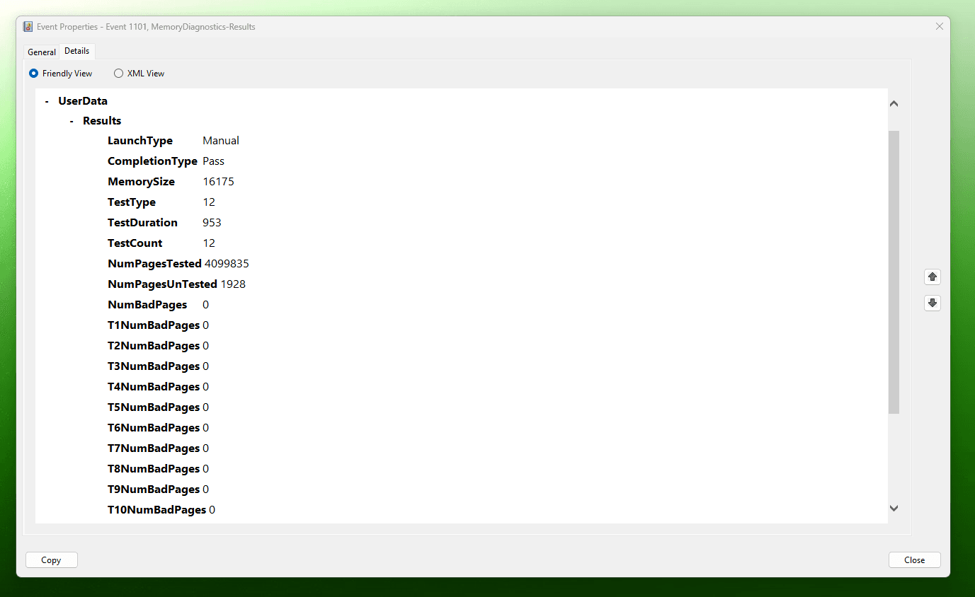 Windows Memory diagnostics results