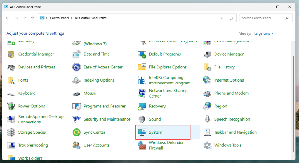 click system in control panel