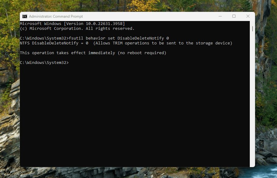 Use command to enable TRIM in windows