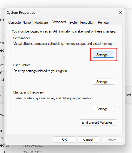 click settings under the performance menu in system properties tab