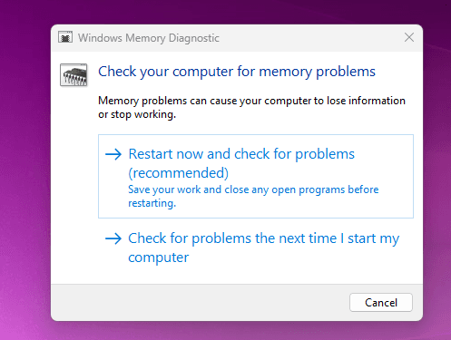 Restart and run windows memory diagnostics