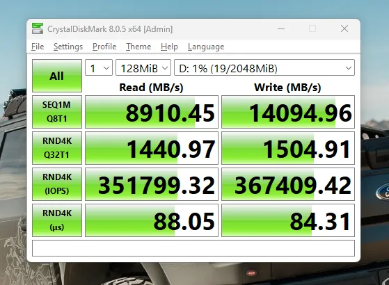 RAM Disk CDM benchmark results in peak performance profile