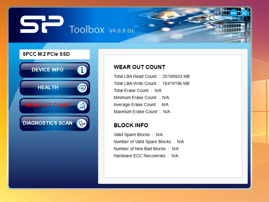 SP toolbox screenshot with wear out count