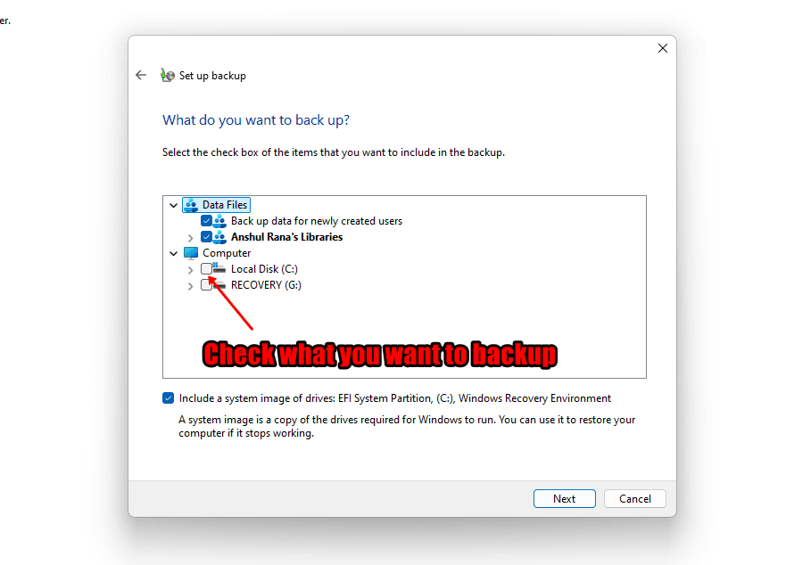Choose what to backup
