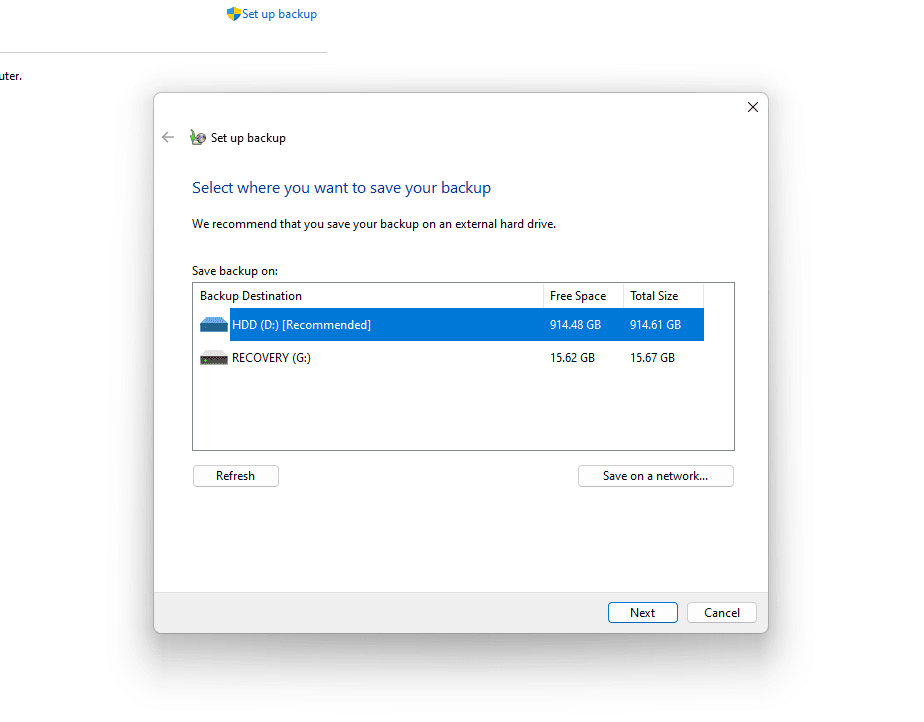 Choose the backup drive