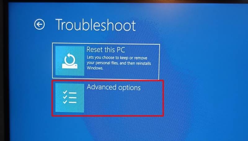 Click Advanced Options in Troubleshoot menu