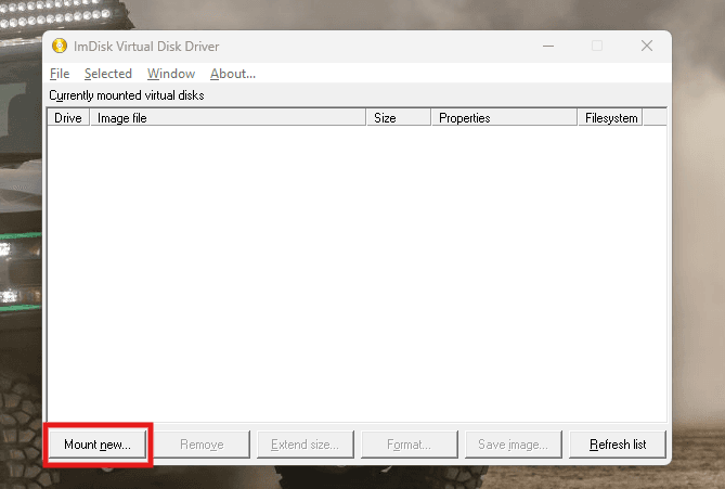 Click Mount New in ImDisk Virtual disk driver