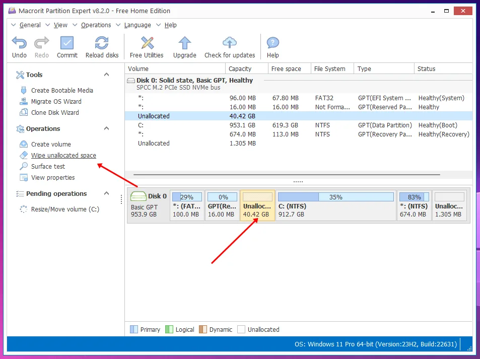 click wipe anallocated space