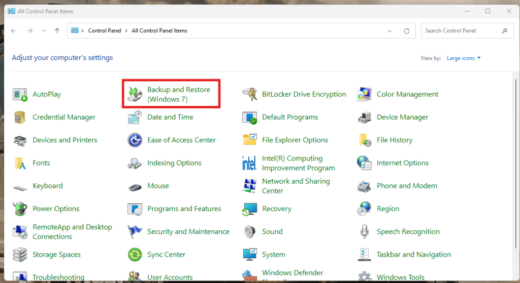 Click Backup and Restore (Windows 7)