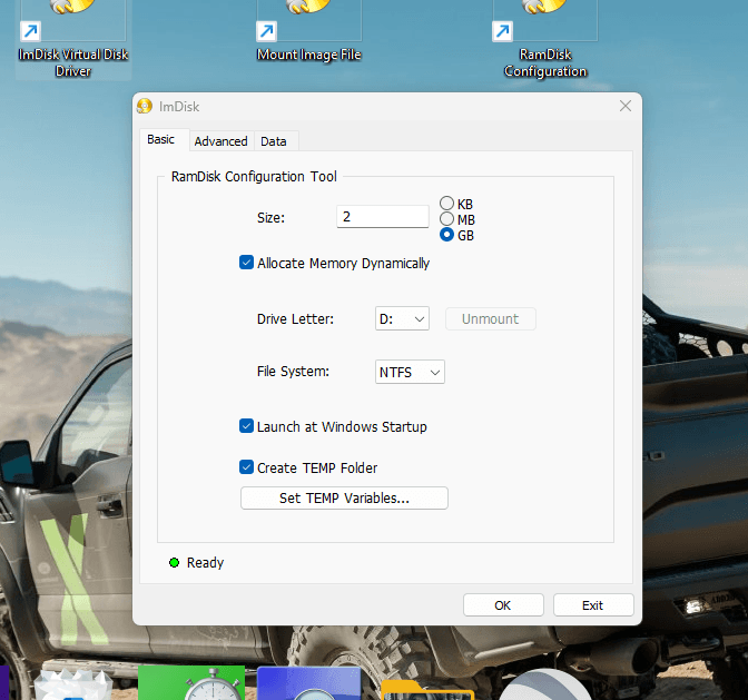 Create a new RAM Disk with RamDIsk Confuguration tool