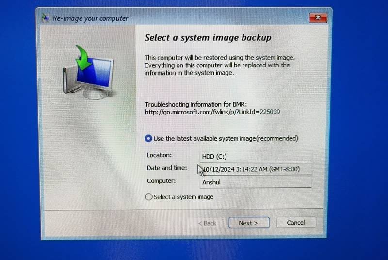 Choose the system image backup