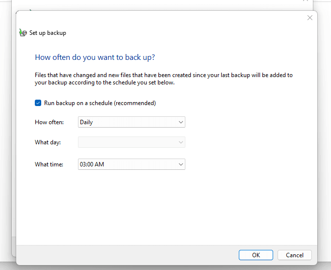 Select the Backup schedule