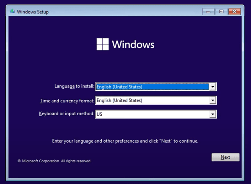 Windows installation menu