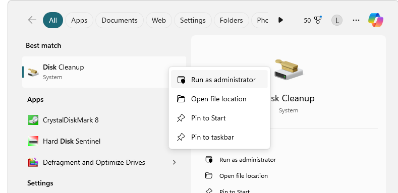 Run disk cleanup as an administrator