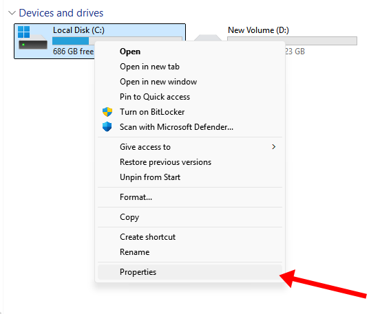 Click properties for a drive