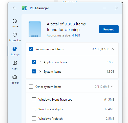 Click proceed for cleaning process