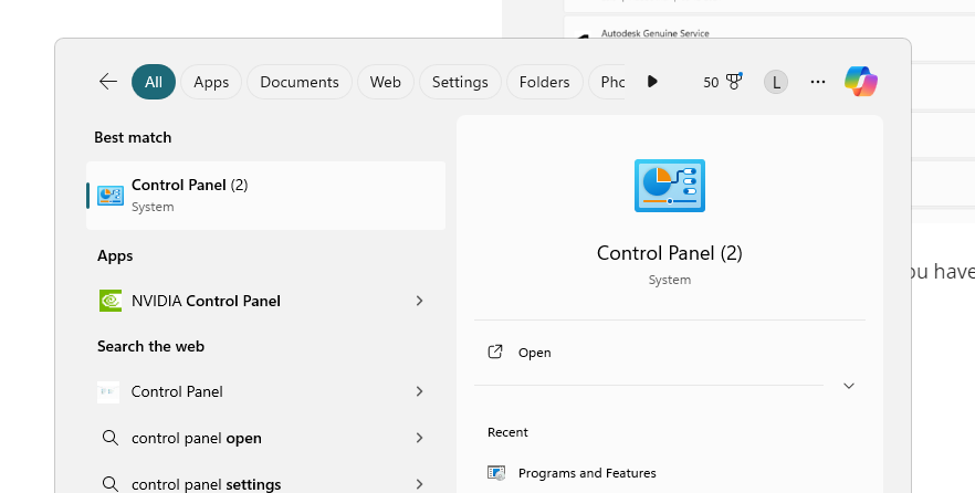 Search for control panel