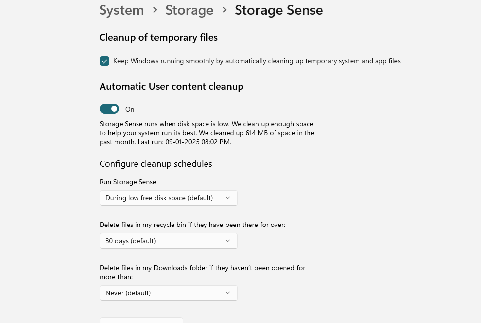 Storage sense configurations