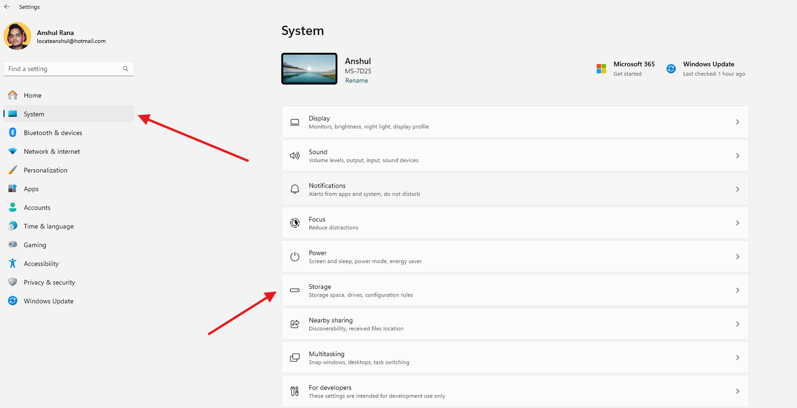 Click Storage in the Windows 11 settings