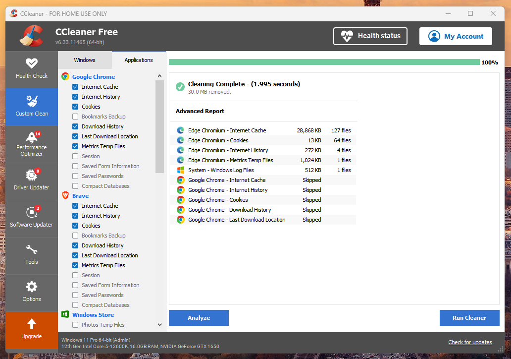 Custom cleaning in CCleaner