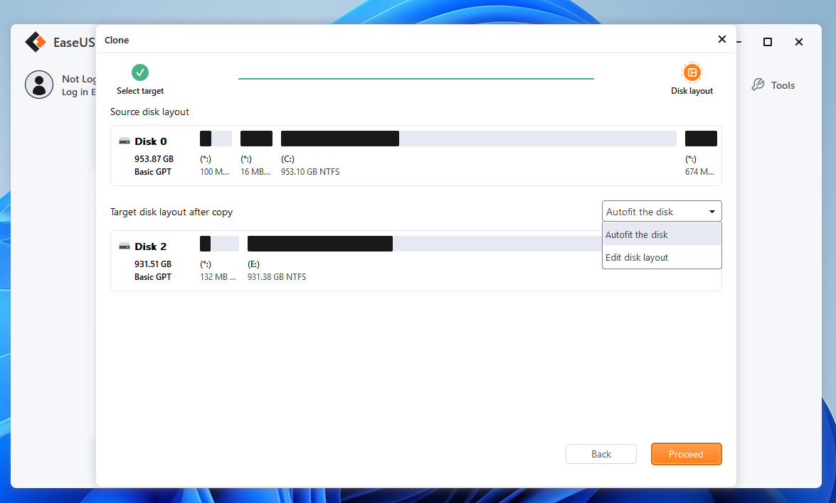 proceed for cloning in easeus todobackup
