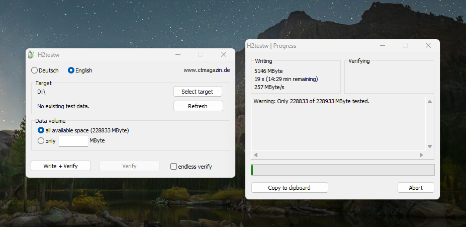h2testw writing and verifying