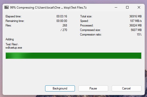 total time taken by 7 zip for compression