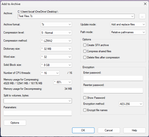 7 zip compression settings