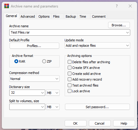 WinRAR compression settings