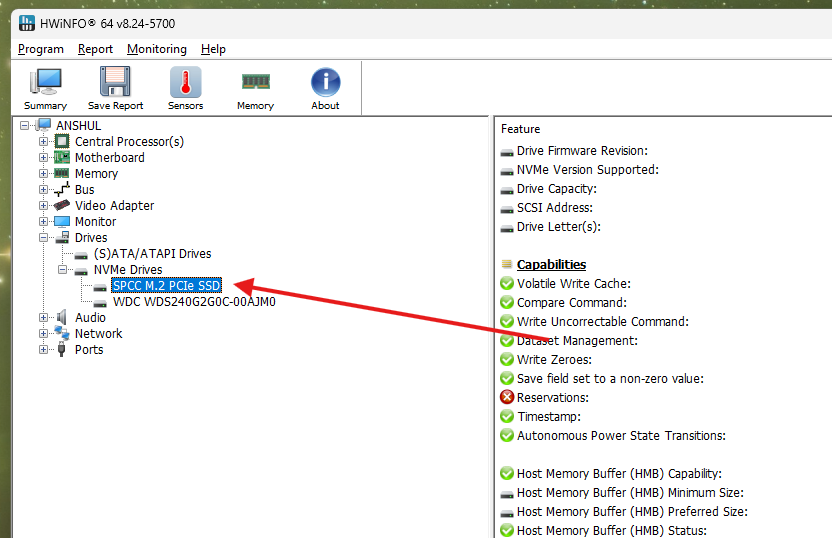 Expand the drives section and find your SSD