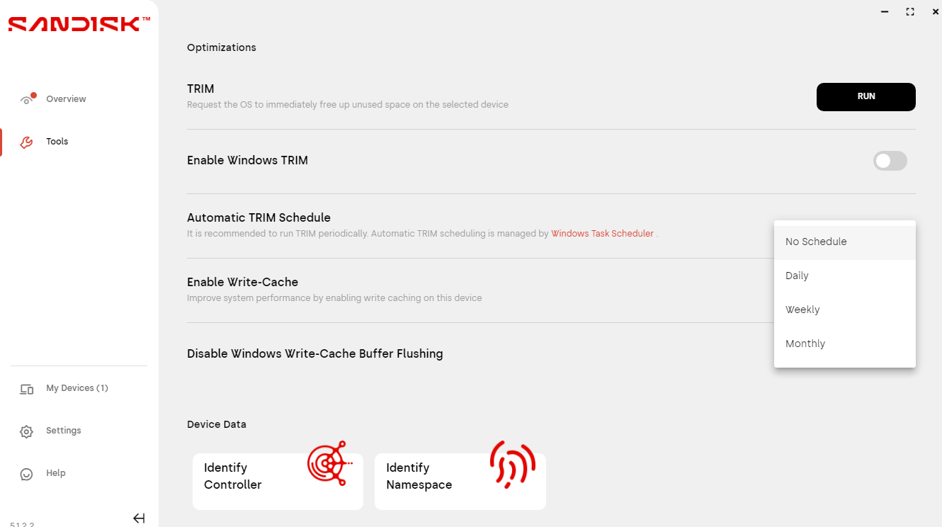 Disable TRIM in SanDisk Dashboard