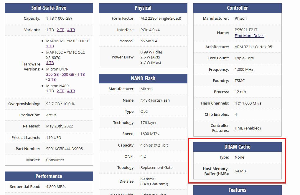 Check HMB size on TechPowerUp