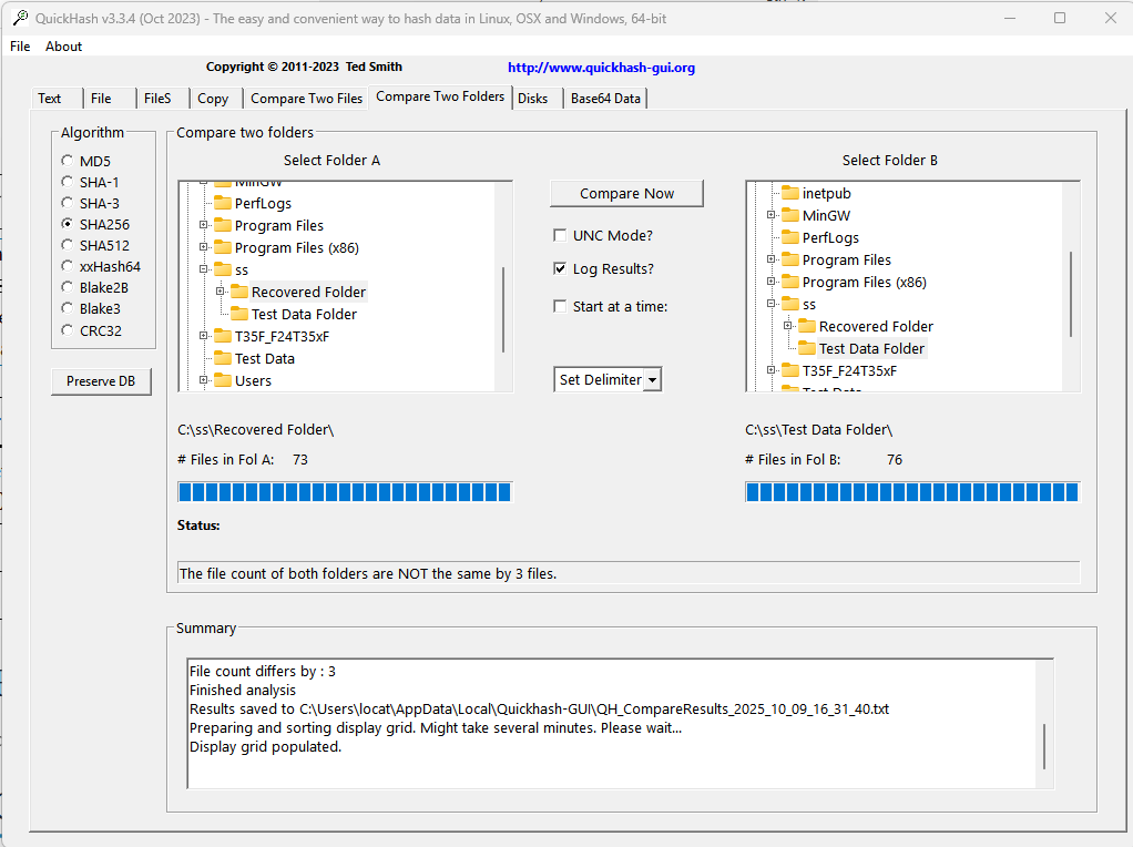 comparing the hash of recovered folder