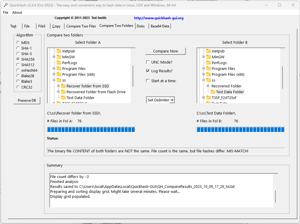 comparing the hash files in the recovered folder