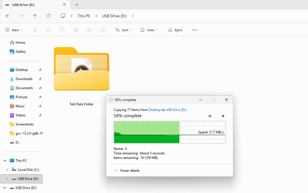 moving the test folder to the flash drive