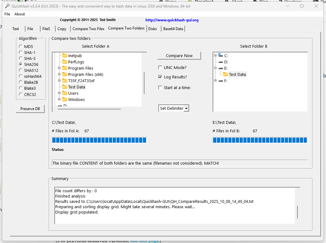 Quickhash folder comparison report