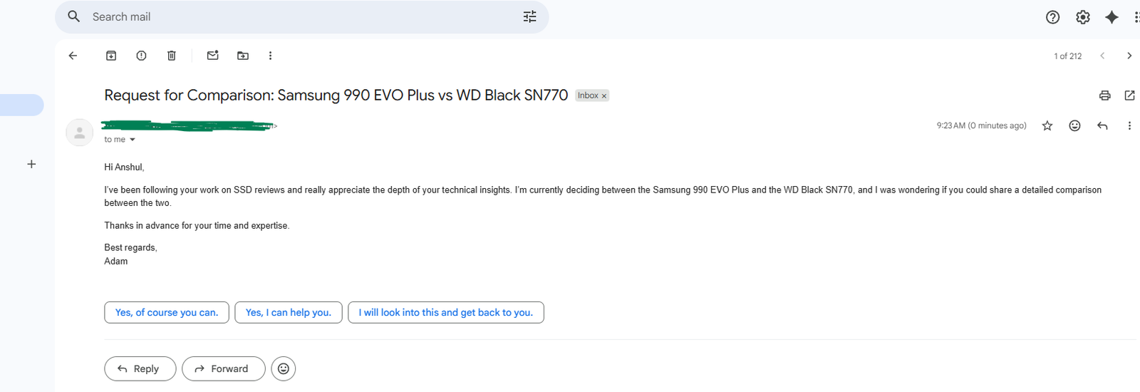 Screenshot of an email addressed to author Anshul Rana with the subject line ‘Request for Comparison: Samsung 990 EVO Plus vs WD Black SN770.’ The email thanks him for his SSD reviews and asks for a detailed comparison between the Samsung 990 EVO Plus and WD Black SN770, focusing on real-world performance, endurance, and value for money.