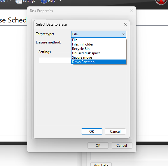choose target type from file, files in folder, recycle bin, unused disk space, secure move, and drive.