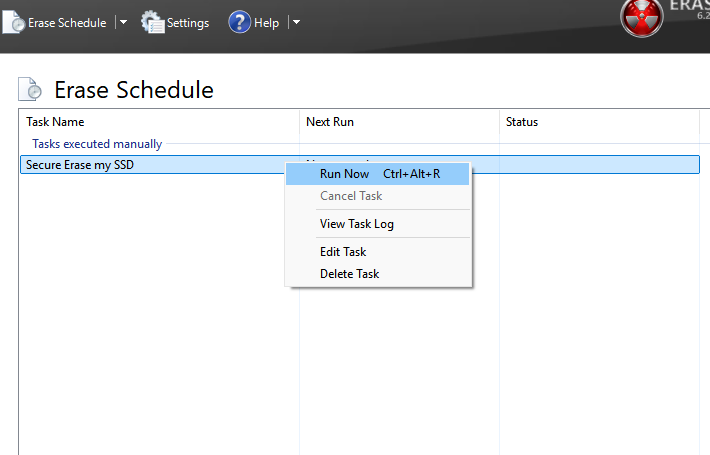 Click run now and run secure erase