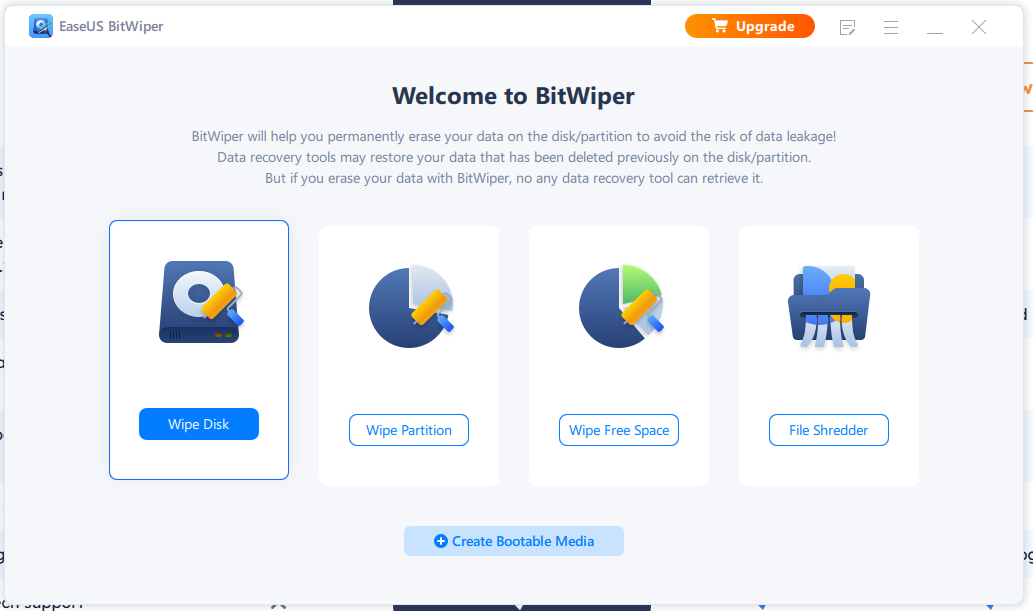 BitWiper main screen. Choose Wipe disk option