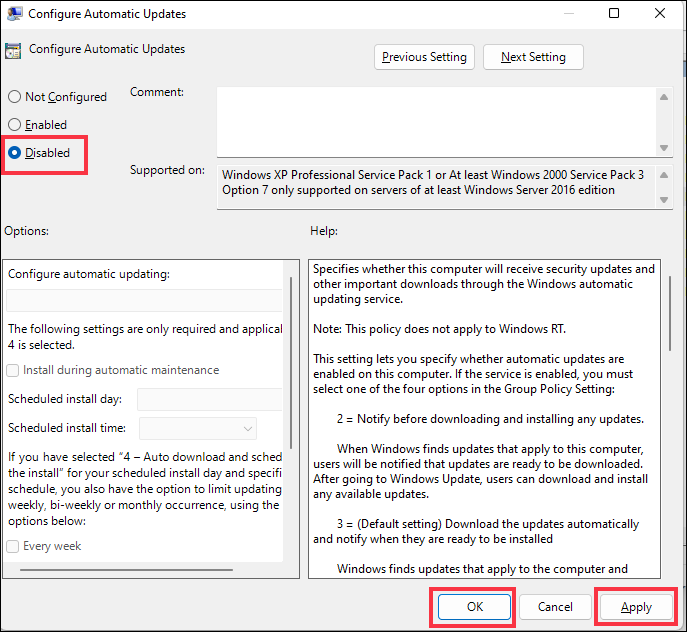disable configure automatic updates