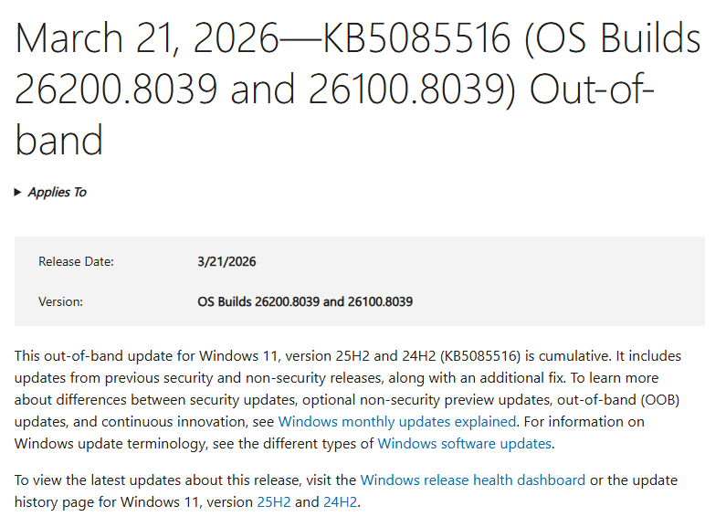 windows 11 kb5085516 from microsoft support